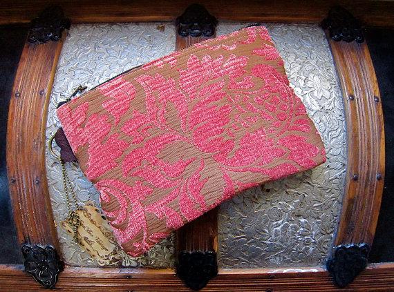 زفاف - Clutch Carpet Bag in Peach and Brown Floral Damask Chenille Custom Made To Order Great for Gifts Weddings Bridesmaids or Baby Showers
