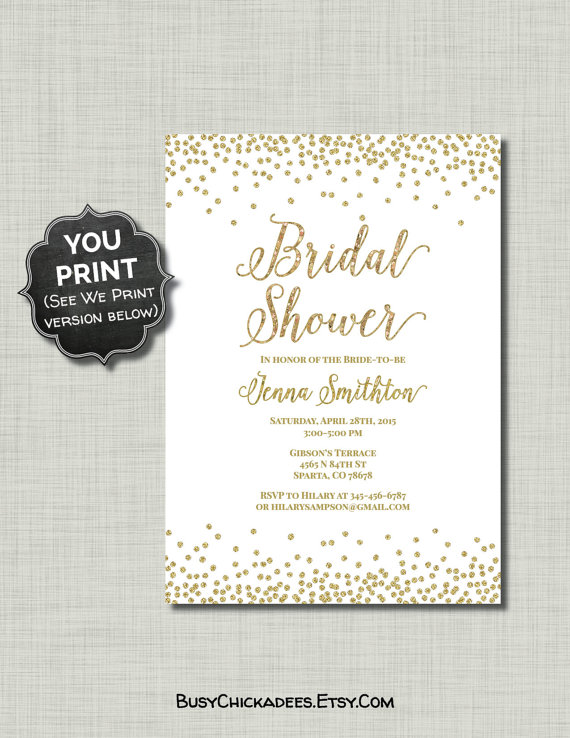Gold White Bridal Shower Invitation Glitter Printable Pdf Jpg 