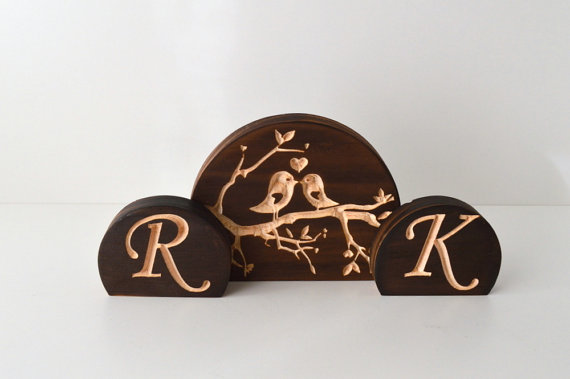 Hochzeit - Love Birds Wedding Cake Topper Set with personalized initials, burned wood topper