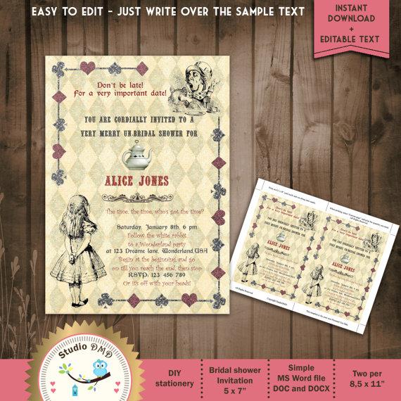 Wedding - Alice in Wonderland Mad Hatter Bridal Shower Tea Party Invitation - DOWNLOAD Instantly - EDITABLE TEXT in Word