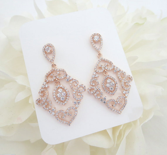 زفاف - Rose Gold Bridal earrings, Rose Gold Wedding jewelry, Crystal Wedding earrings, Art Deco earrings, Chandelier earrings, Vintage style