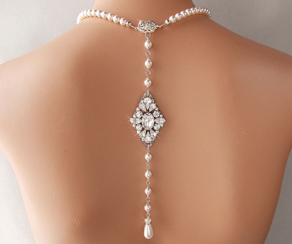 زفاف - Backdrop Necklace - Bridal Necklace, Wedding Necklace, Pearl Necklace, Gatsby Necklace, Vintage Style, Art Deco Necklace - LARISSA