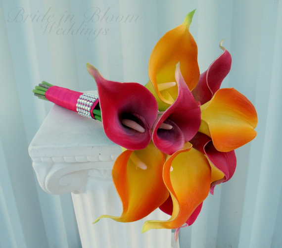Wedding - Tropical Wedding bouquet Bridal bridesmaid bouquet Real touch calla lily hot pink orange
