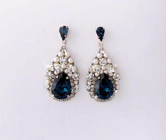 زفاف - Wedding Earrings, Bridal Earrings, Sapphire Earrings, Swarovski Crystals, Pearl Earrings, Teardrop Earrings, Something Blue - ANDREA