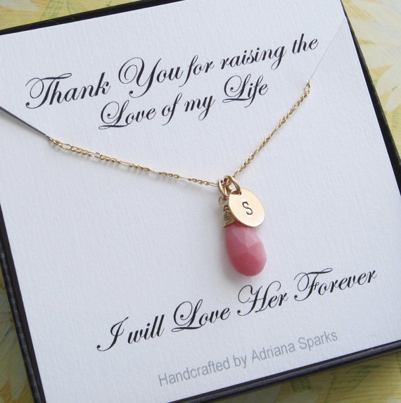 Hochzeit - Mother of the Bride Personalized Necklace, Birthstone Initial Neklace, Mom Thank you card, Thank you gift, bridal jewelry.