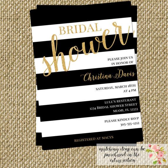 Свадьба - Gold Confetti Glitter Bridal Shower Invitation Modern Black White Stripes Birthday Baby Shower Party CHOOSE WORDING