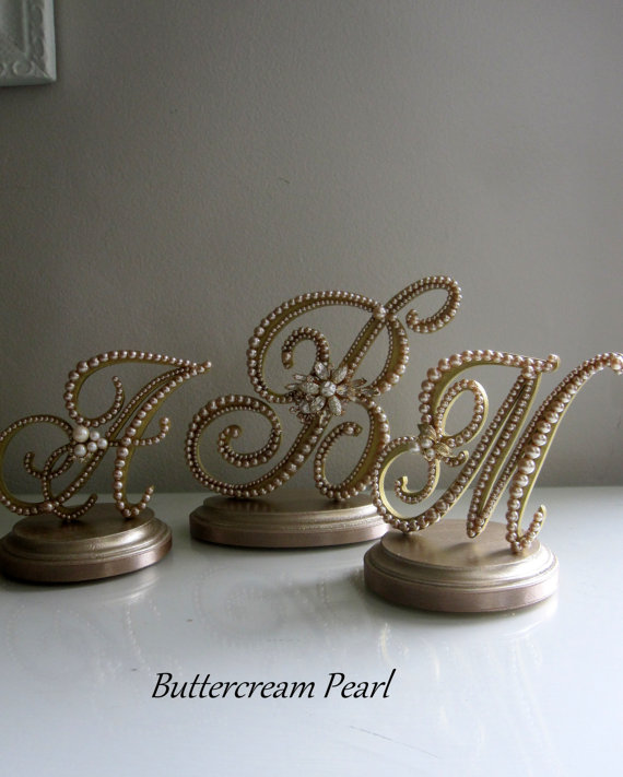 Mariage - Wedding Cake Topper Triple Monogram, Bride and Groom: Vintage Champagne Pearl & Gold for Rustic, Renaissance or 50th Wedding or Anniversary