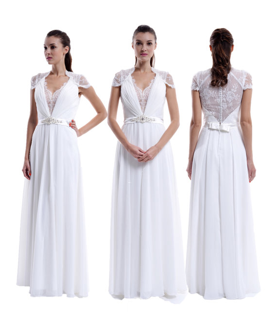 Hochzeit - Cap Sleeves Lace Chiffon Wedding Dress, V-neck See Through Back Bridal Wedding Dress