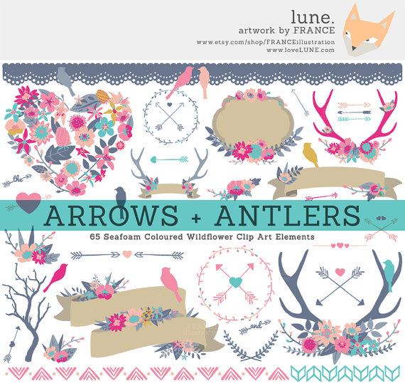 Wedding - Wildflower Clipart Antlers, Arrows, Branches, Birds, Wreaths, Banners + Bouquets. Hand Drawn Floral Digital Illustration. Wedding clipart.