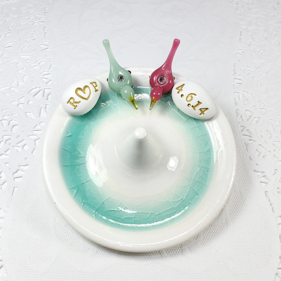 Mariage - Love birds wedding ring holder, Personalized initials and date anniversary dish, Custom pottery engagement dish