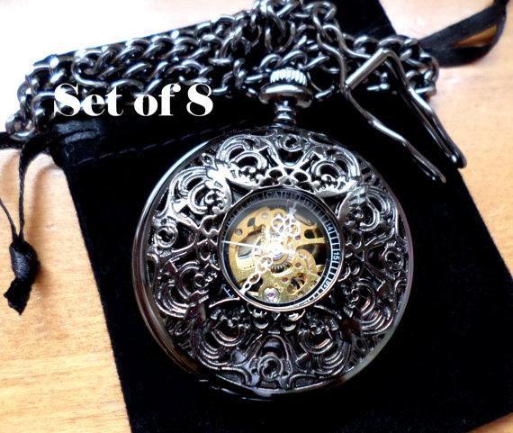 Wedding - Pocket Watch Set of 8 for Groom, Best Man and Groomsmen Midnight Black Mechanical with Vest Chains Groomsmen Gift Ships from Canada