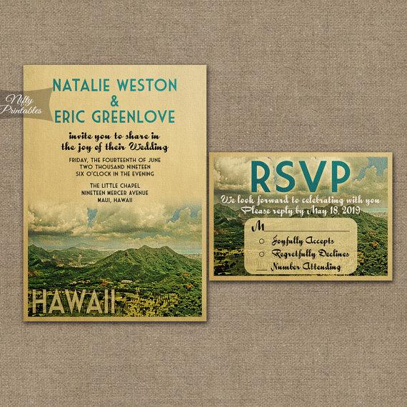 Свадьба - Hawaii Wedding Invitation - Printable Vintage Hawaiian Wedding Invites - Retro Maui Oahu Hawaii Wedding Suite or Solo VTW