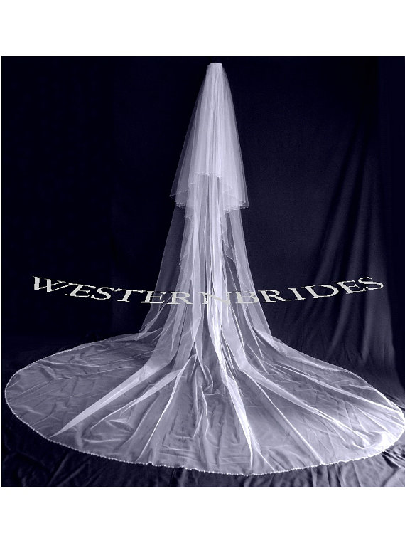 Hochzeit - 2 TIER Wedding bridal veil Cathedral and blusher with crystal beaded edge White , Ivory and Diamond white available