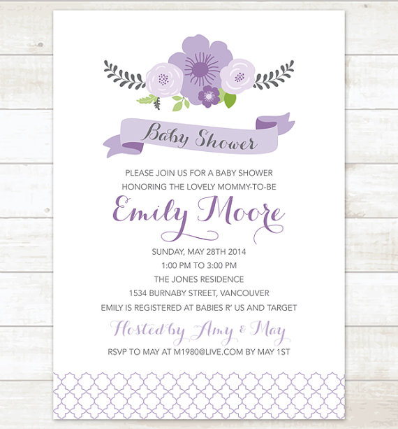 Свадьба - bridal shower invitation printable purple flowers bouquet wedding invitation shower digital invite customizable personalized