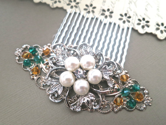 Wedding - Bridal Pearl Crystal Comb, Wedding Pearl Crystal Hair Comb, Vintage Style Hair Accessory, Amber Emerald Green Crystal, Silver, Ivory