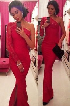 زفاف - Floral Lace Long Sleeve Red Trimmed Single Evening Dress