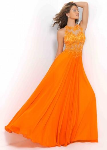Mariage - Fashion Cheap Tangerine High Neck Chiffon Beaded Cut Out Back Evening Gown