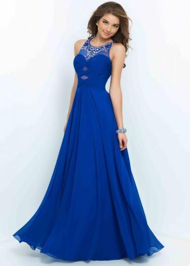 Wedding - New Cheap Long Flowy Sapphire Scoop Neck Beaded Cutouts Ruched Prom Dress