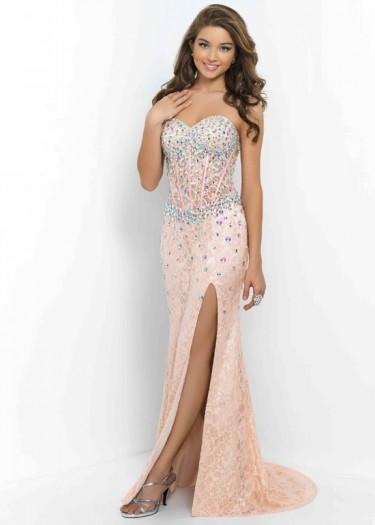 Mariage - Top Cheap 2015 Corset Style Beaded Lace Side Slit Coral Pink Nude Prom Dress