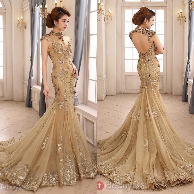 Mariage - 2015 Luxury Gold Mermaid Wedding Dress High Neck Sheer Illusion Beaded Applique Chapel Train Backless Bridal Gown EM03579 Online with $141.9/Piece on Hjklp88's Store 
