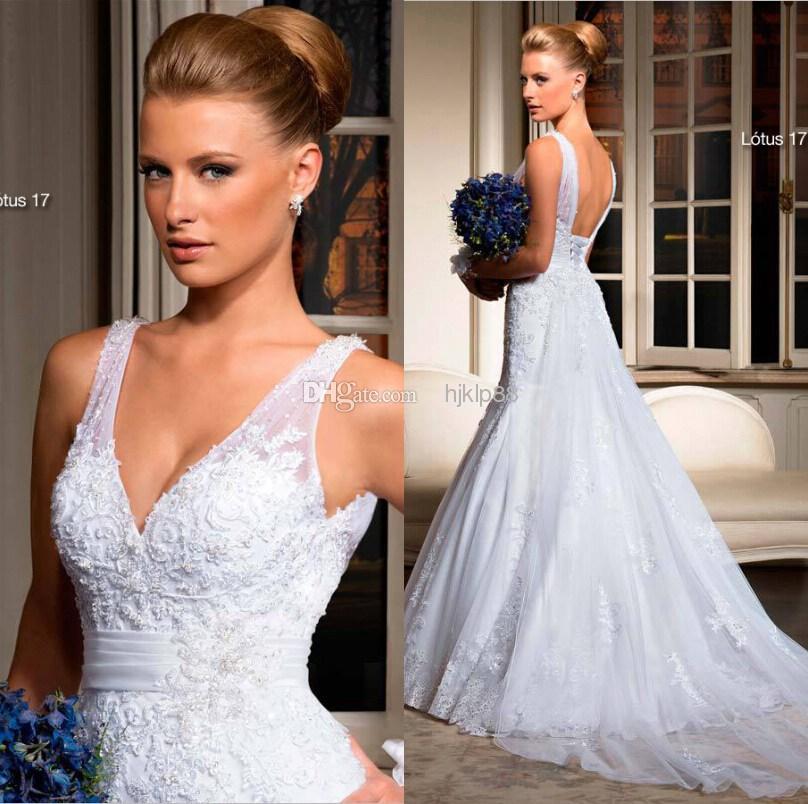 Hochzeit - Custom Made Vestidos De Noiva 2014 Newest A-Line Wedding Dresses Sexy V-Neck Backless Appliqued Beads Lace Bridal Gown Detachable Train Online with $111.27/Piece on Hjklp88's Store 