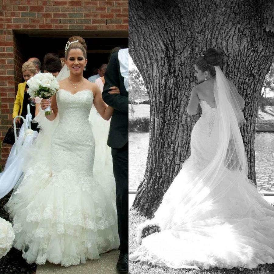 زفاف - 2015 Lace Wedding Dresses Mermaid Sweetheart Lace-up Back Lace Beaded Appliques Tiers Chapel Train Tulle Bridal Gowns, $128.2 