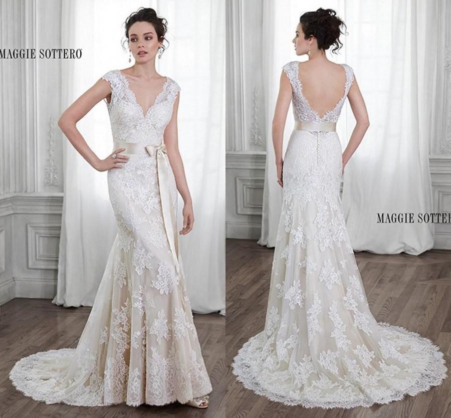 Wedding - 2015 Elegant Ivory Vintage Wedding Dresses Beach Bridal Gowns with Backless Mermaid V-Neck Cap Sleeve Dresses for Women Custom Made Online with $123.37/Piece on Hjklp88's Store 