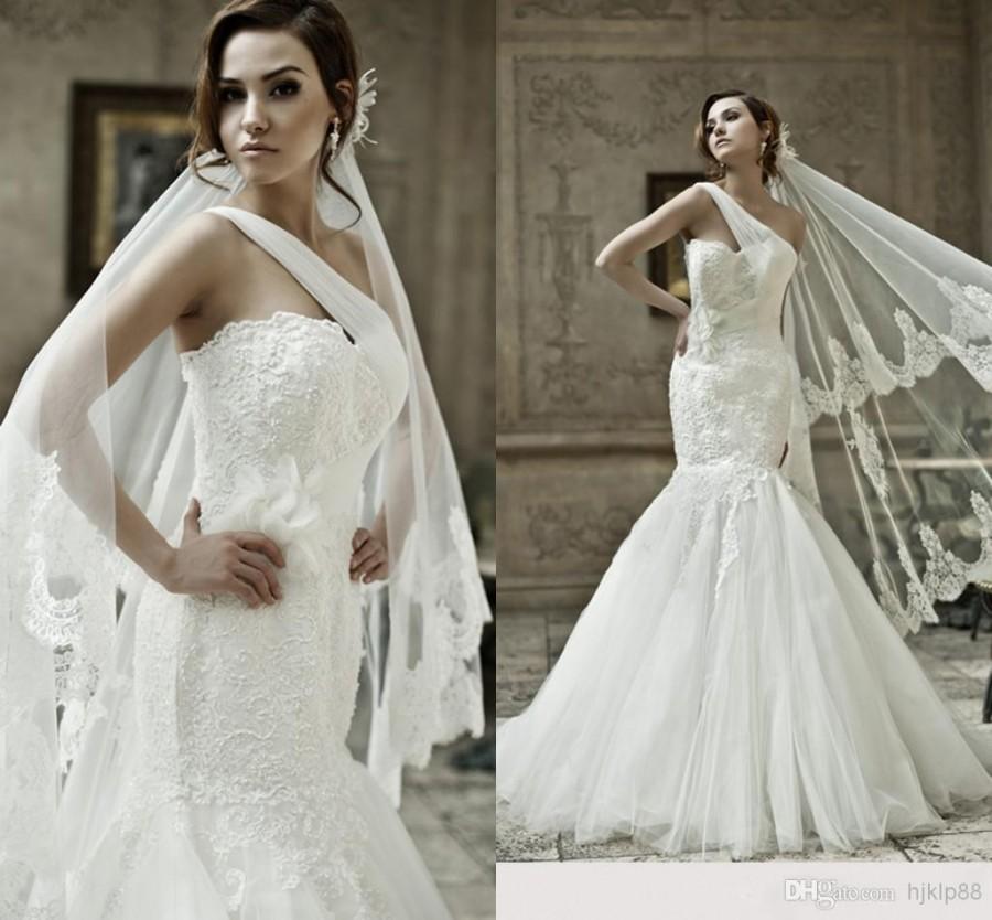 Hochzeit - Spring Tulle One Shoulder Backless Sheer 2014 Mermaid Appliques Cheap Lace Ball Gown Sexy Garden Church Wedding Dresses Bridal Dress Crystal Online with $118.53/Piece on Hjklp88's Store 