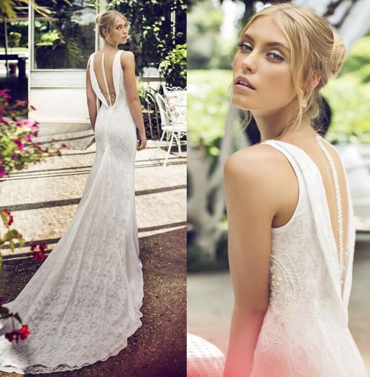 Wedding - 2015 New Arrival Bridal Dress Deep V-Neck Chiffon Lace Wedding Dresses Gown Pearls Beads Sheer Backless Sleeveless Court Train Riki Dalal Online with $117.07/Piece on Hjklp88's Store 