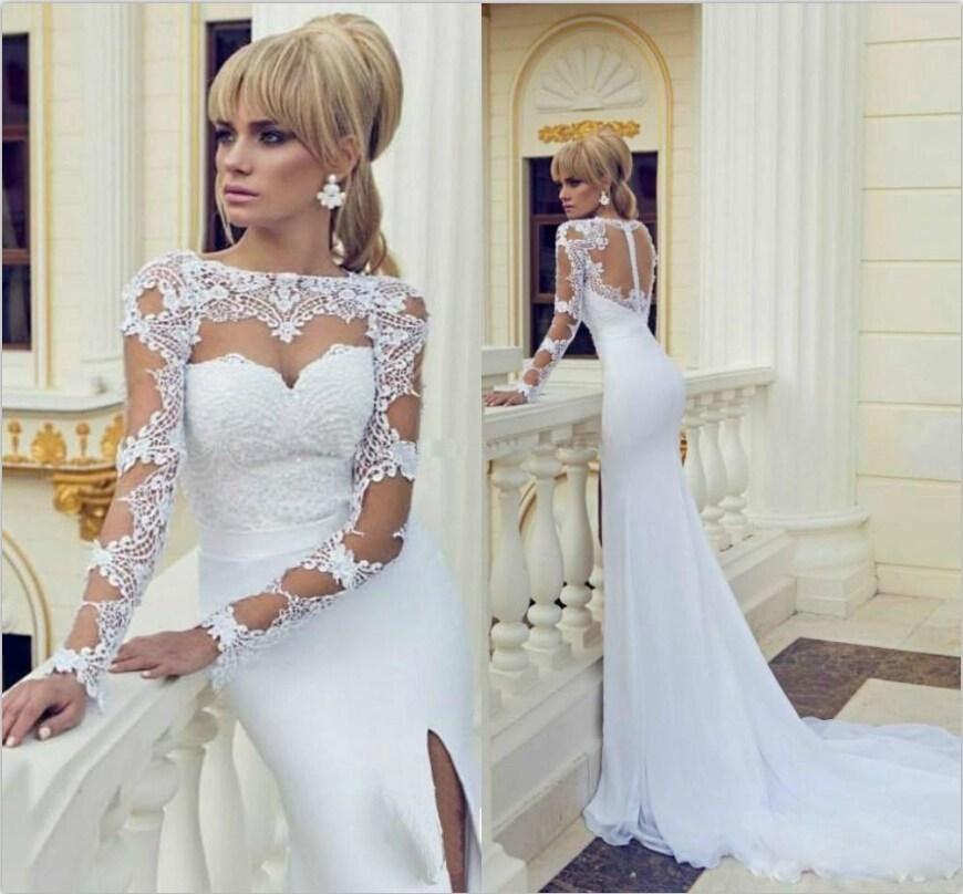 Wedding - Spring Fall White Wedding Dresses Mermaid Long Sleeves Bride Gowns With Lace Sequined Chiffon Boat Neckline Sweep Split Side Cheap Custom Online with $121.75/Piece on Hjklp88's Store 