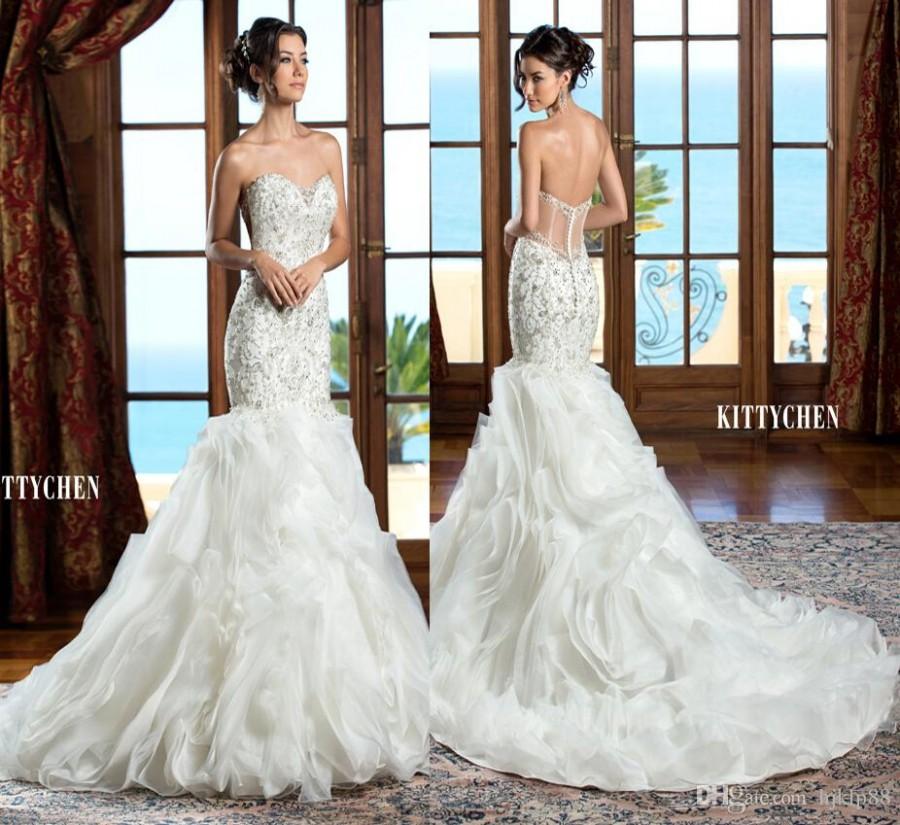 Свадьба - 2015 Luxury Embroidery Beaded Mermaid Wedding Dress Organza Ruffles Sheer Illusion Beaded Chapel Train Backless Bridal Gown Wedding Dresses Online with $141.9/Piece on Hjklp88's Store 