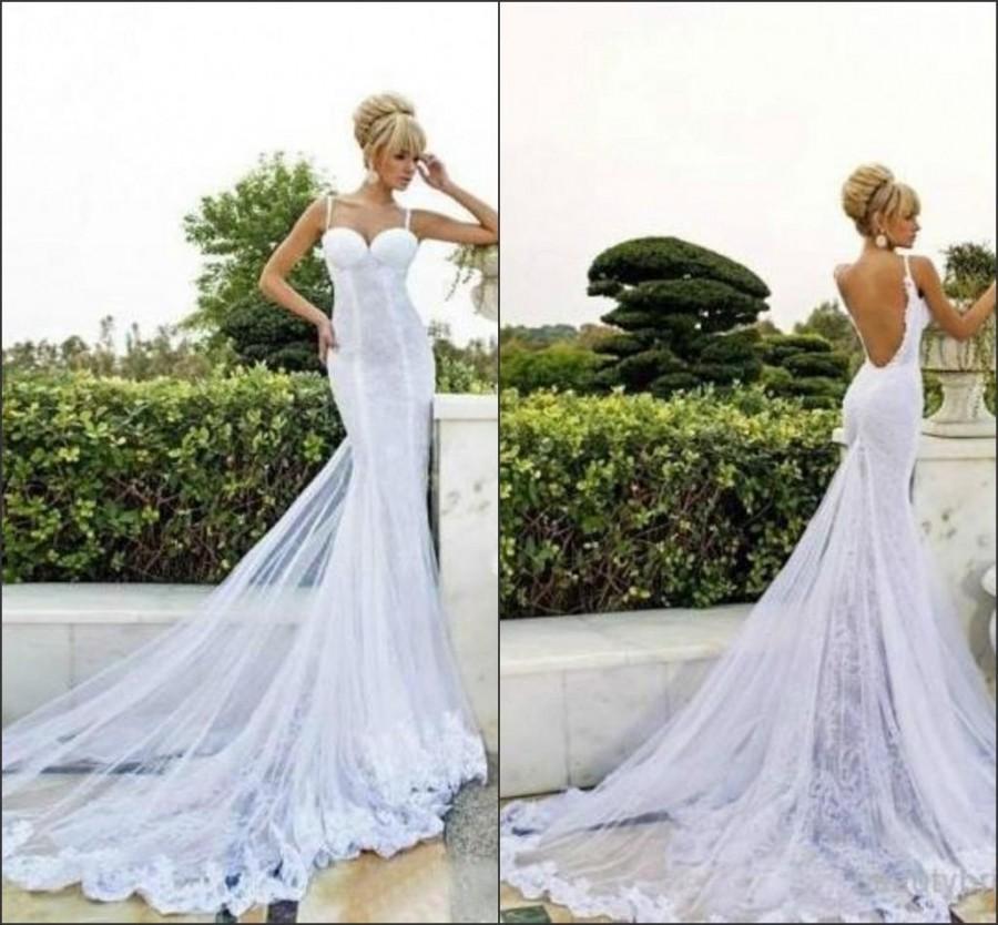 Wedding - 2015 Backless Mermaid Wedding Dresses Beach Spring Sweep Sexy Bridal Spaghetti Straps Lace Vestido De Novia Bridal Dresses Gowns Custom Online with $119.33/Piece on Hjklp88's Store 