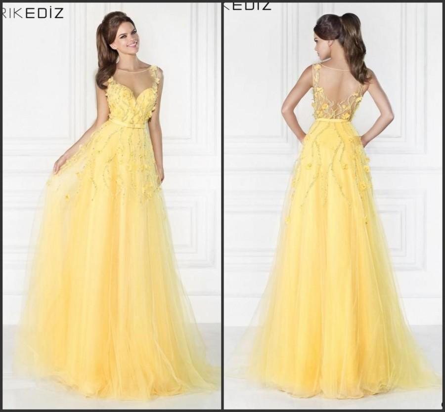 Wedding - 2015 Modest Tarik Ediz Evening Dresses Yellow Tulle A-Line Sleeveless Crew Sheer Beads Backless Woman Dresses Party Formal Gowns Custom Online with $126.39/Piece on Hjklp88's Store 