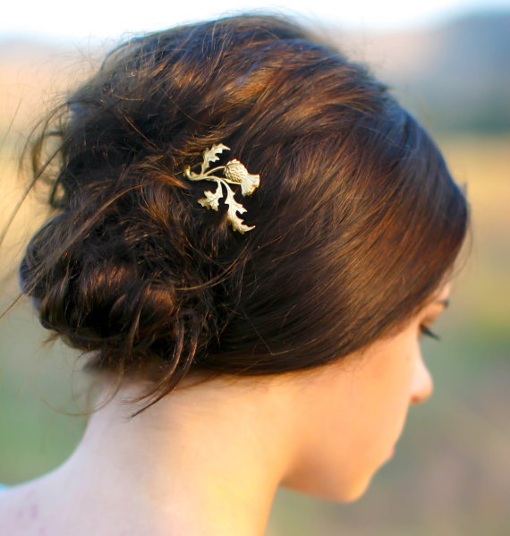 Wedding - Gold Scottish Thistle Hair Pin  Branch, Leaf & Flower Scotland Leaf Bobby Pin Scottish Wedding Hair Accessory