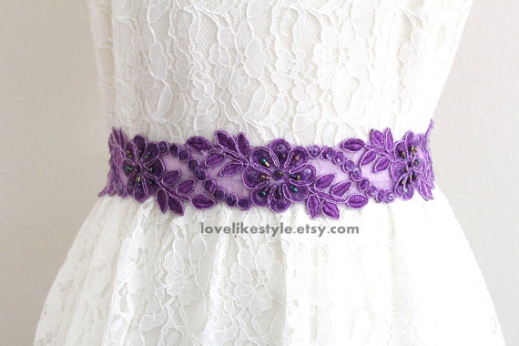 Свадьба - Purple Squins and Beaded Embroidery Flower Sash, Bridal Sash, Bridesmaid Sash, Purple Headband -SH-43