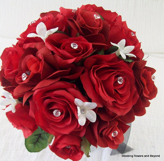 زفاف - Valentines Day Silk Bridal Bouquet Wedding Flower Package Red, White and Black Wedding Flowers Bride and Groom Wedding Decor