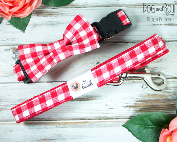Wedding - Red Gingham Dog Bow Tie Optional Leash by Dog and Bow