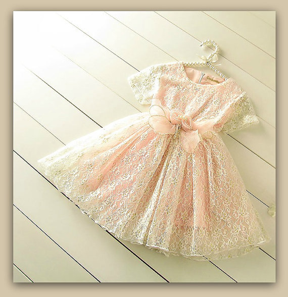 Wedding - Girl White Lace Dress, Toddler Girl Easter Dress, Golden White Lace Dress,Flower Girl Dress, Pink Tulle Lace Dress,