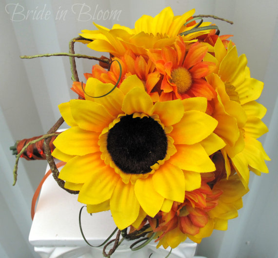 زفاف - Sunflower wedding bouquet tangerine orange Silk bridal bouquet