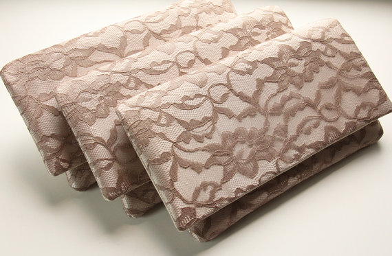 Hochzeit - Lace Wedding Clutches, Set of 6 Bridesmaid Clutches, Taupe Lace and Champagne Satin, Champagne/Beige Wedding Clutch, Bridesmaid Gift Idea