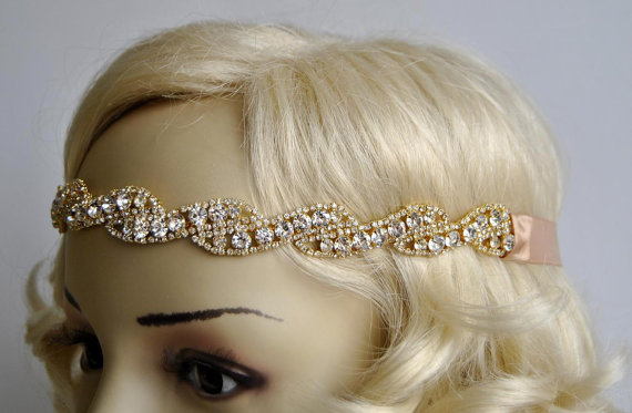 Wedding - Gold Rhinestone Headband, Great Gatsby Headband, Crystal Headband, Wedding  Bridal tie on ribbon Headband Headpiece, 1920s Flapper headband