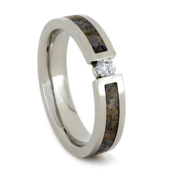 زفاف - Diamond Ring with Tension Set Stone and Dinosaur Bone Inlay, Womens Engagement Ring