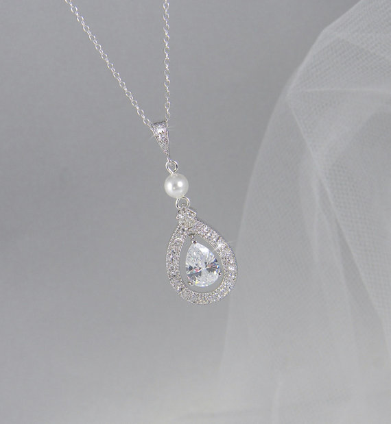 زفاف - Vintage style Pearl Crystal Bridal Necklace, Swarovski Crystal wedding Pendant Rhinestone  Bridesmaids Dainty Misty Bridal Necklace