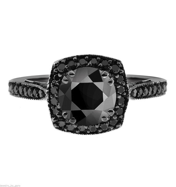 زفاف - Natural Fancy Black Diamonds Engagement Ring Vintage Style 14K Black Gold 1.47 Carat Certified Pave Set HandMade