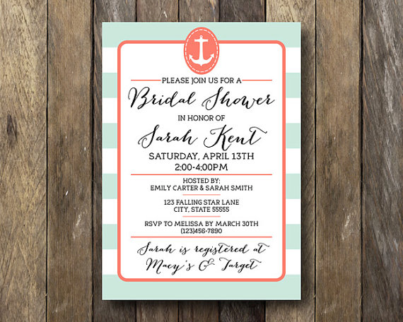 Свадьба - Nautical Bridal Shower Invitation - Printable Bridal Shower Invite - Mint and Coral Bridal Shower - Nautical Bridal Shower Invite