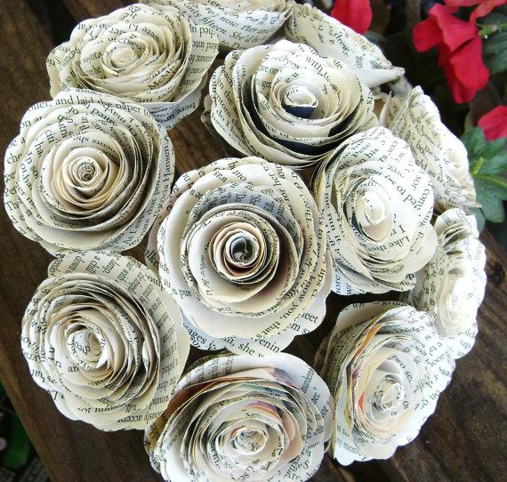 Hochzeit - one dozen 12 spiral book page roses 2" in diameter recycled rolled paper flowers for wedding bouquets