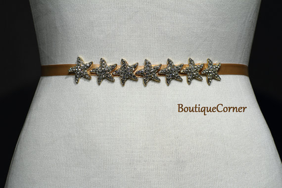 Wedding - Starfish Bridal Sash -Tan Ribbon Sash - Gold Plated Starfish Rhinestones-Bridal Belt-Wedding Accessory