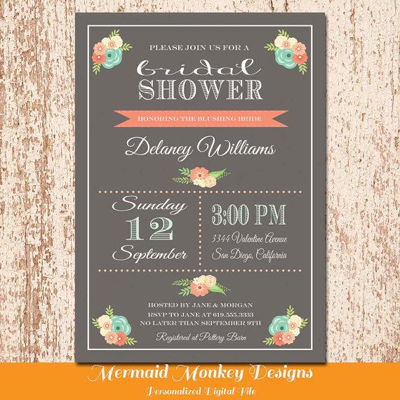 Mariage - Chalkboard Bridal Shower Invitation, Wedding Shower Invitation, Baby Shower Invite, Printable Invite, Coral Aqua Flowers - Delaney