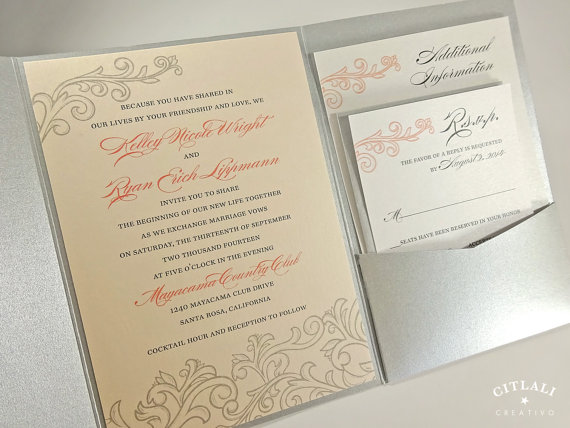 Свадьба - Blush Pink Peach and Silver Wedding Invitations - Elegant & Vintage Pocket Folder - Customizable with your colors
