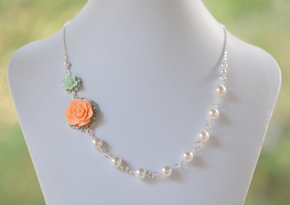 Wedding - Bridesmaid Necklace. Wedding Party Jewelry.  Peach Rose and Mint Lotus Asymmetrical White Pearl Necklace.  Fashion Rose Necklace.